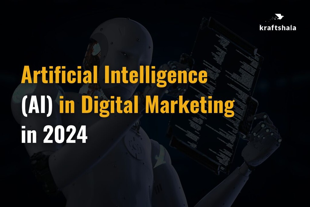 AI robot with tablet; Kraftshala logo; marketing in 2024.