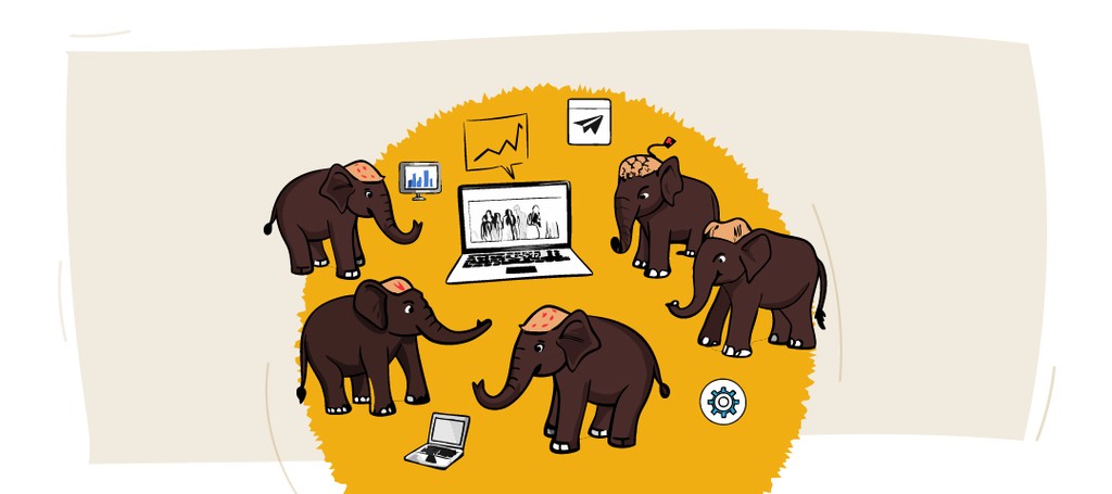 Elephants around laptops, Kraftshala branding, business growth theme.