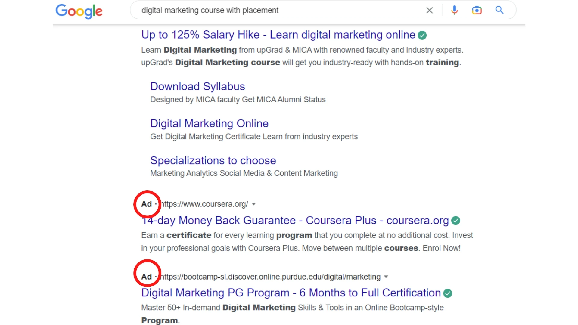 Search results for digital marketing courses; Kraftshala ad visible.