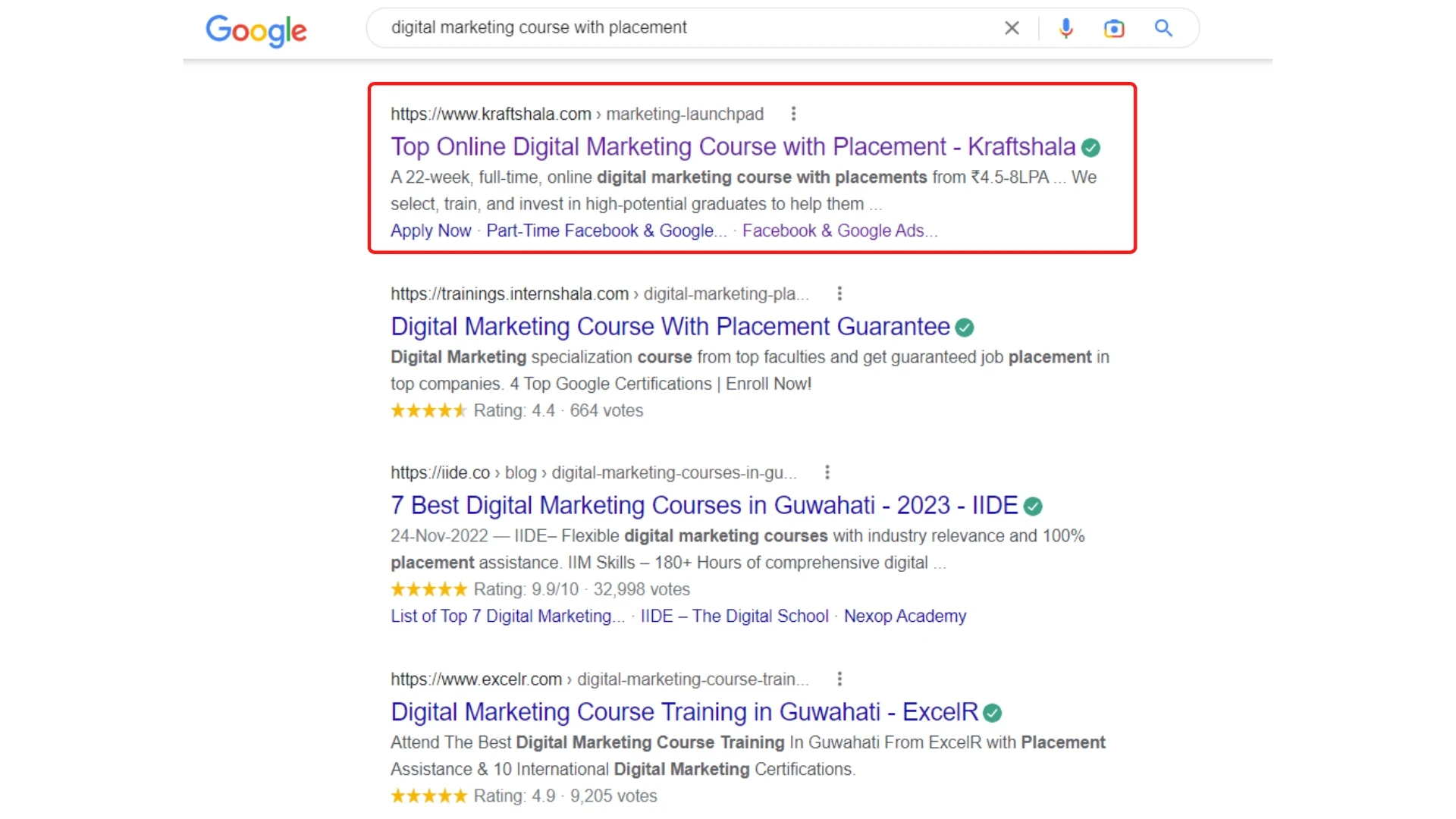 Google search results for Kraftshala digital marketing course.