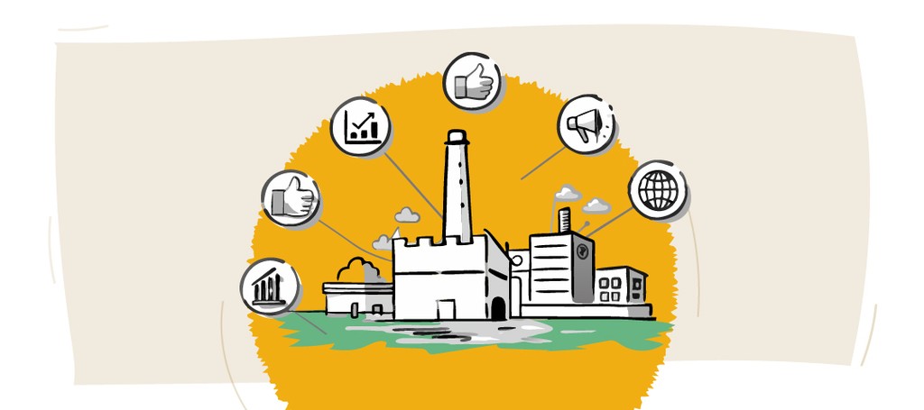 Illustration of Kraftshala factory with icons around it.