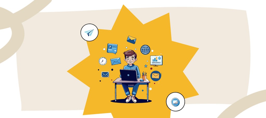 Illustration of Kraftshala student using a laptop with marketing icons.