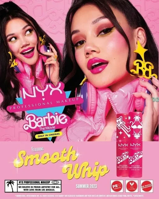 NYX Barbie-themed makeup ad with pink Smooth Whip products.