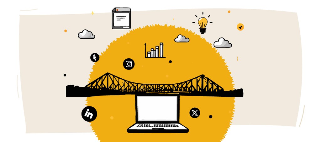 Kraftshala: Digital marketing icons over Kolkata bridge illustration.