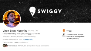 Swiggy manager's LinkedIn profile overview.