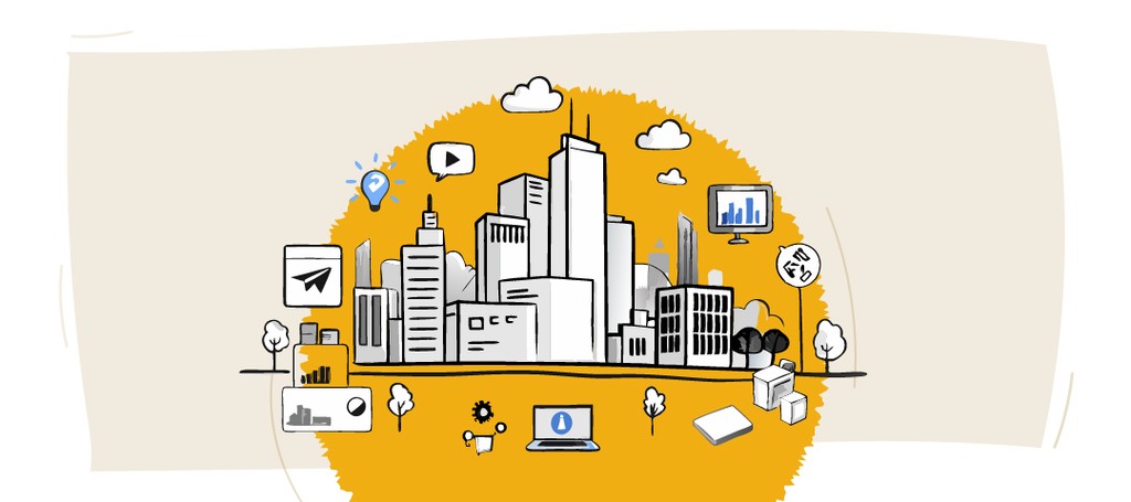 Illustration of cityscape with digital icons, Kraftshala branding.