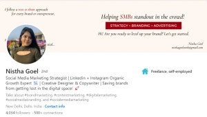 Nistha Goel's LinkedIn profile showcasing her marketing expertise.