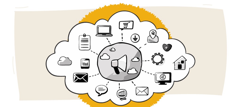 Kraftshala marketing icons in a cloud pattern.