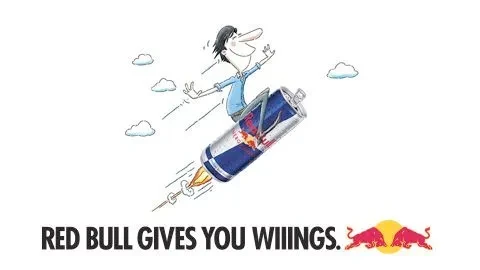 Cartoon man flying with a Red Bull can, slogan: &quot;Red Bull Gives You Wings.&quot;