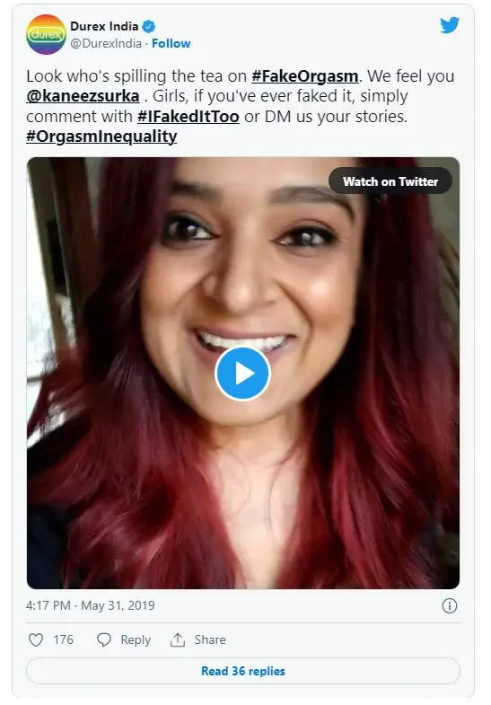 Durex India tweet on #FakeOrgasm with a smiling woman.