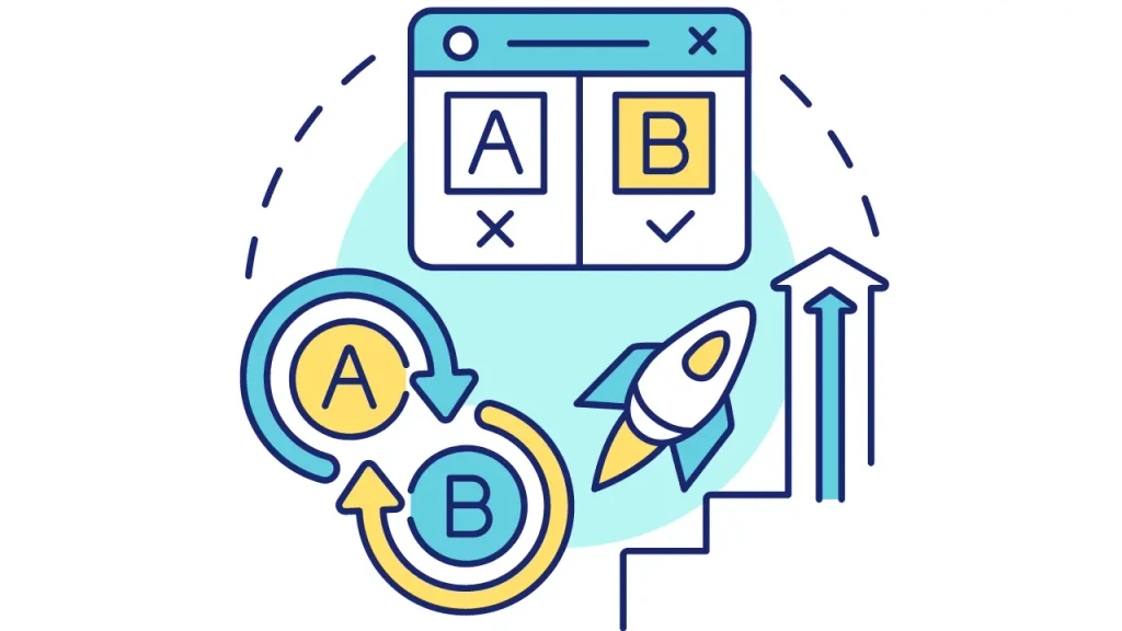 Kraftshala A/B testing concept with rocket and growth symbols.