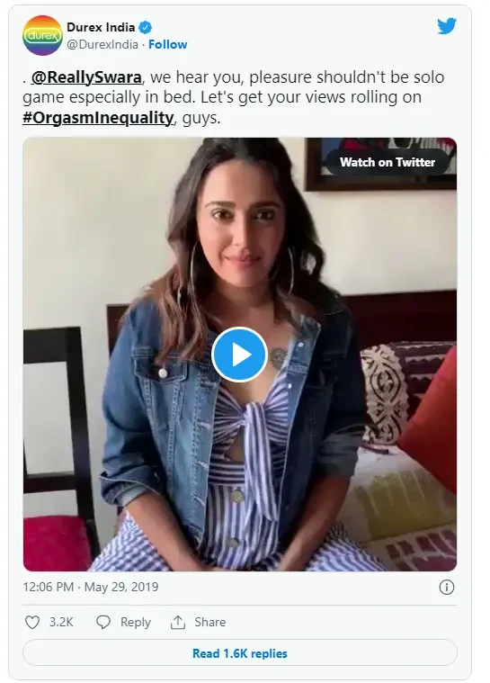 Durex India tweet on #OrgasmInequality with a woman in video.