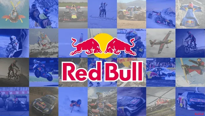 Red Bull logo with extreme sports collage in the background.