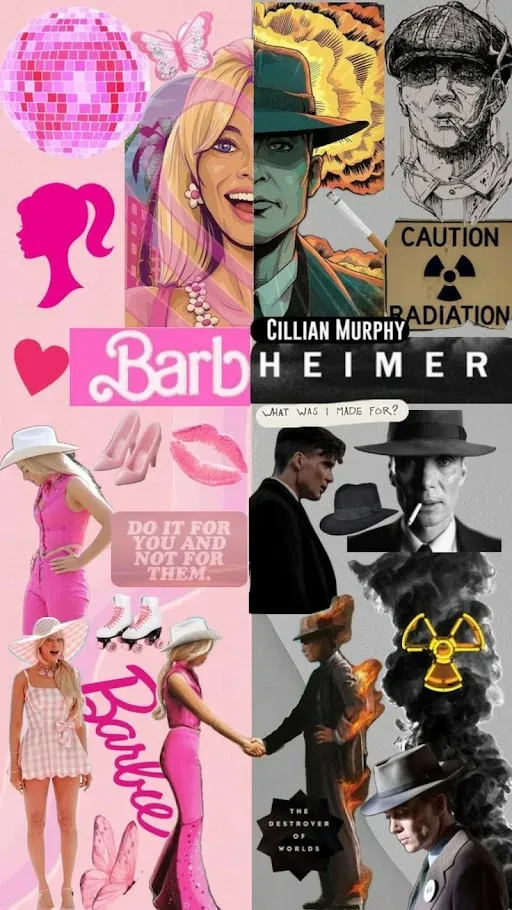 Split image of Barbie and Oppenheimer themes, featuring Barbie logo.