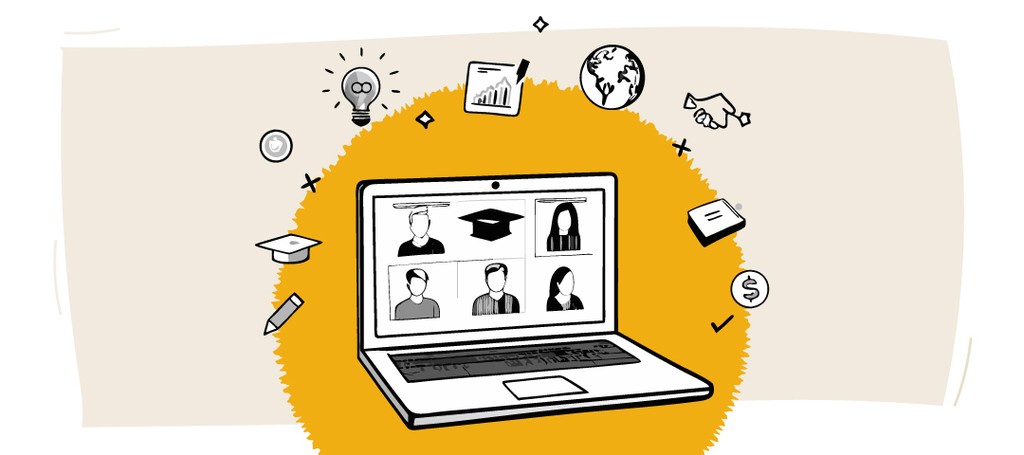 Kraftshala online learning platform illustration with icons.