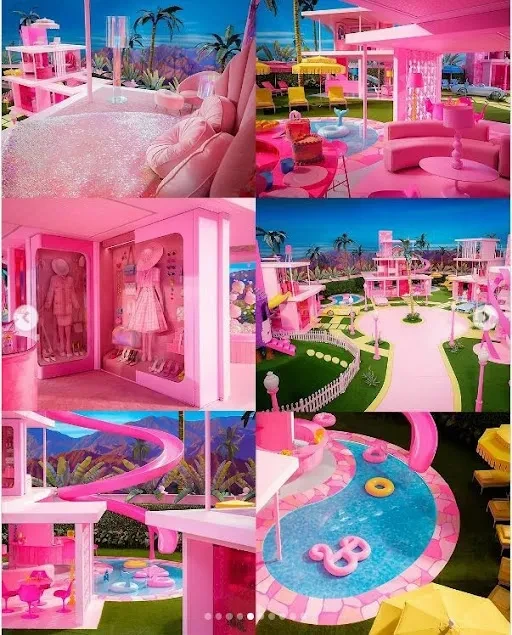 Barbie-themed pink house with pool and vibrant decor by Mattel.