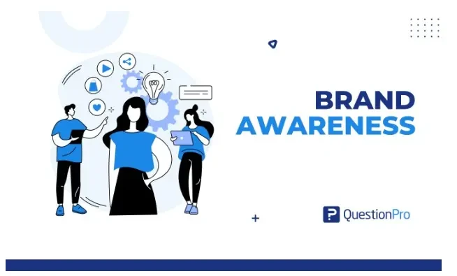 QuestionPro brand awareness illustration with three people.