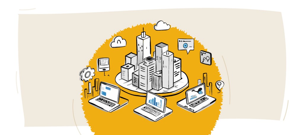 Illustration of laptops connected to a cityscape, Kraftshala branding.