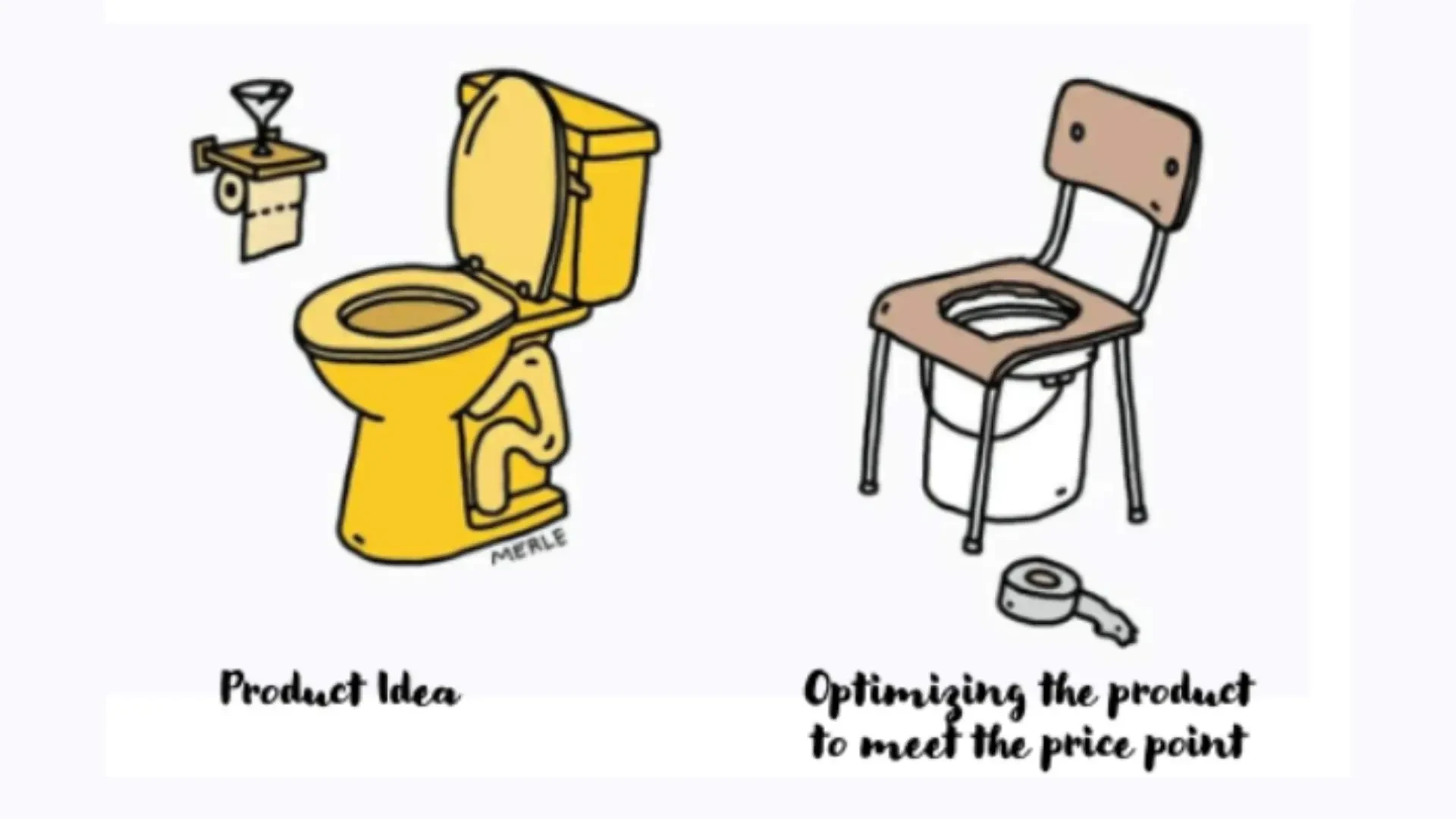 Cartoon of a toilet and a chair, illustrating product optimization.