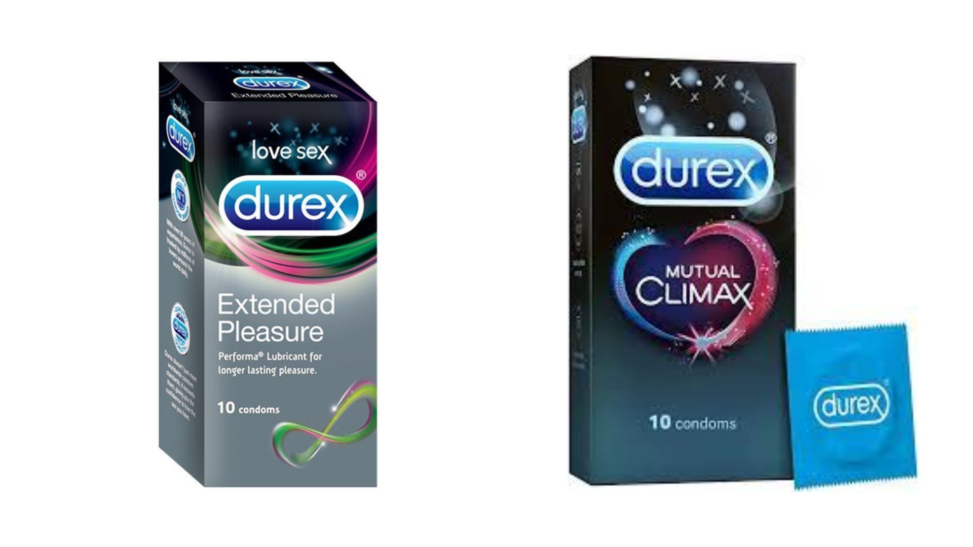 Durex Extended Pleasure and Mutual Climax condom boxes.
