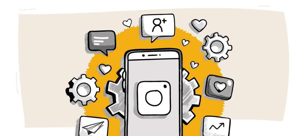 Illustration of social media icons around a phone with Instagram logo.