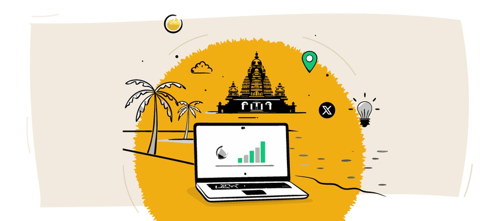Illustration of Kraftshala laptop with Chennai temple backdrop.