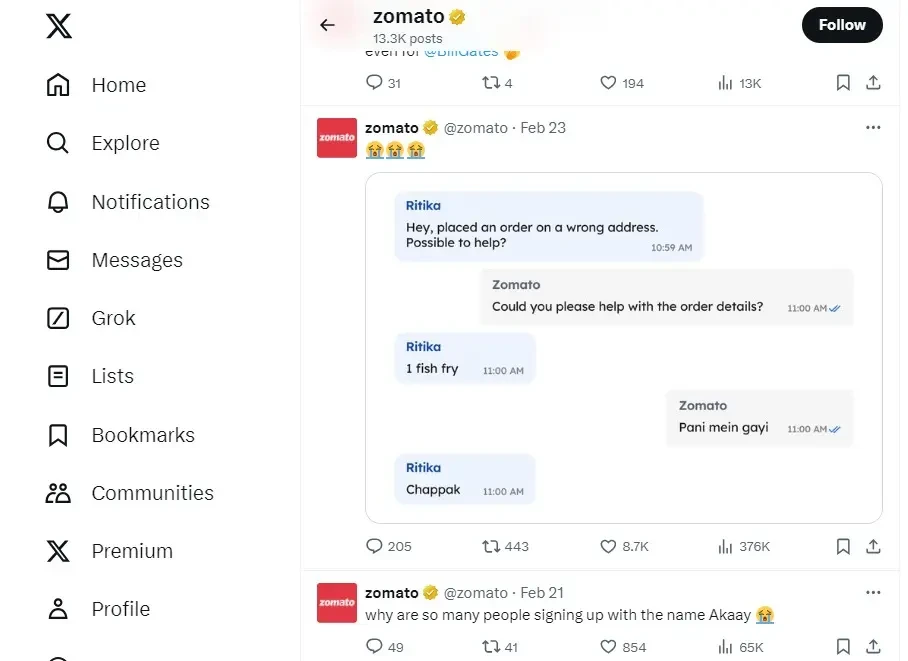 Zomato humorous chat exchange on Twitter with customer emojis.