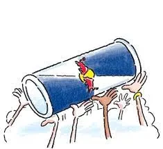 Hands holding up a large Red Bull can, symbolizing energy boost.