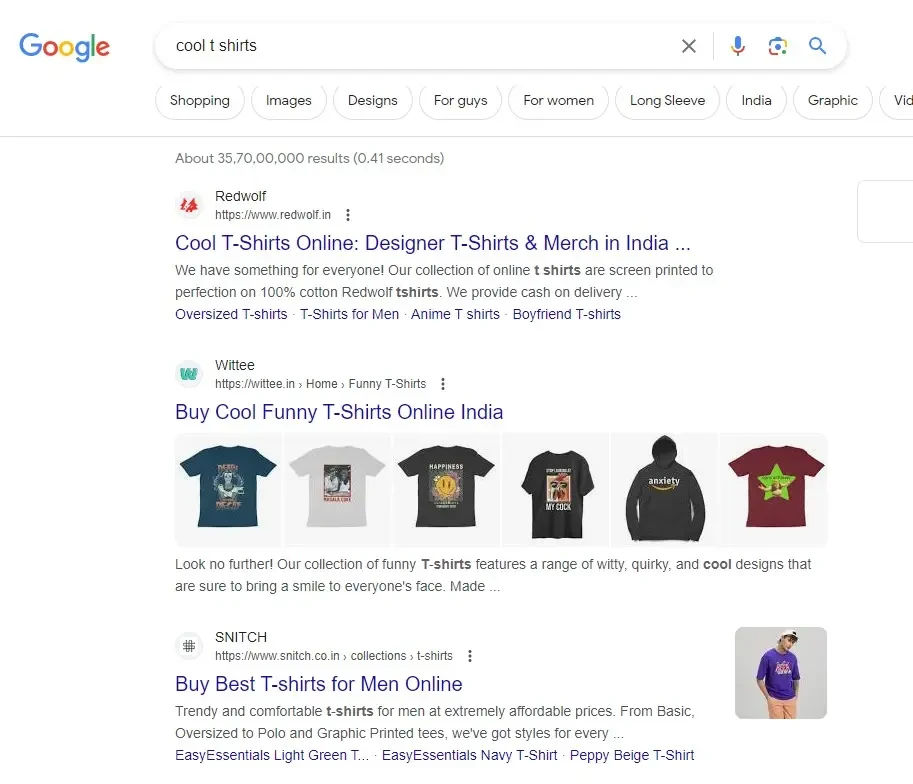 Google search results for cool T-shirts from various brands.