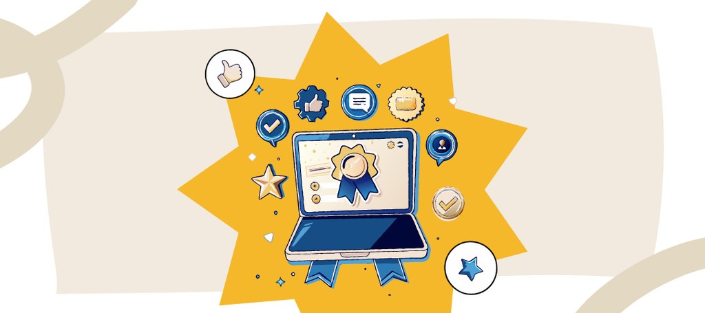Kraftshala laptop with award icons and social media symbols.