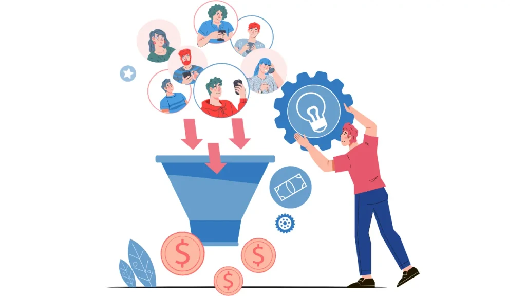 Kraftshala marketing funnel illustration with people and coins.