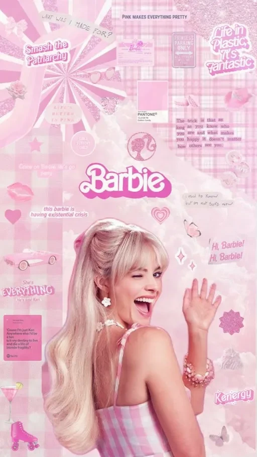 Barbie smiling in pink-themed promotional image.