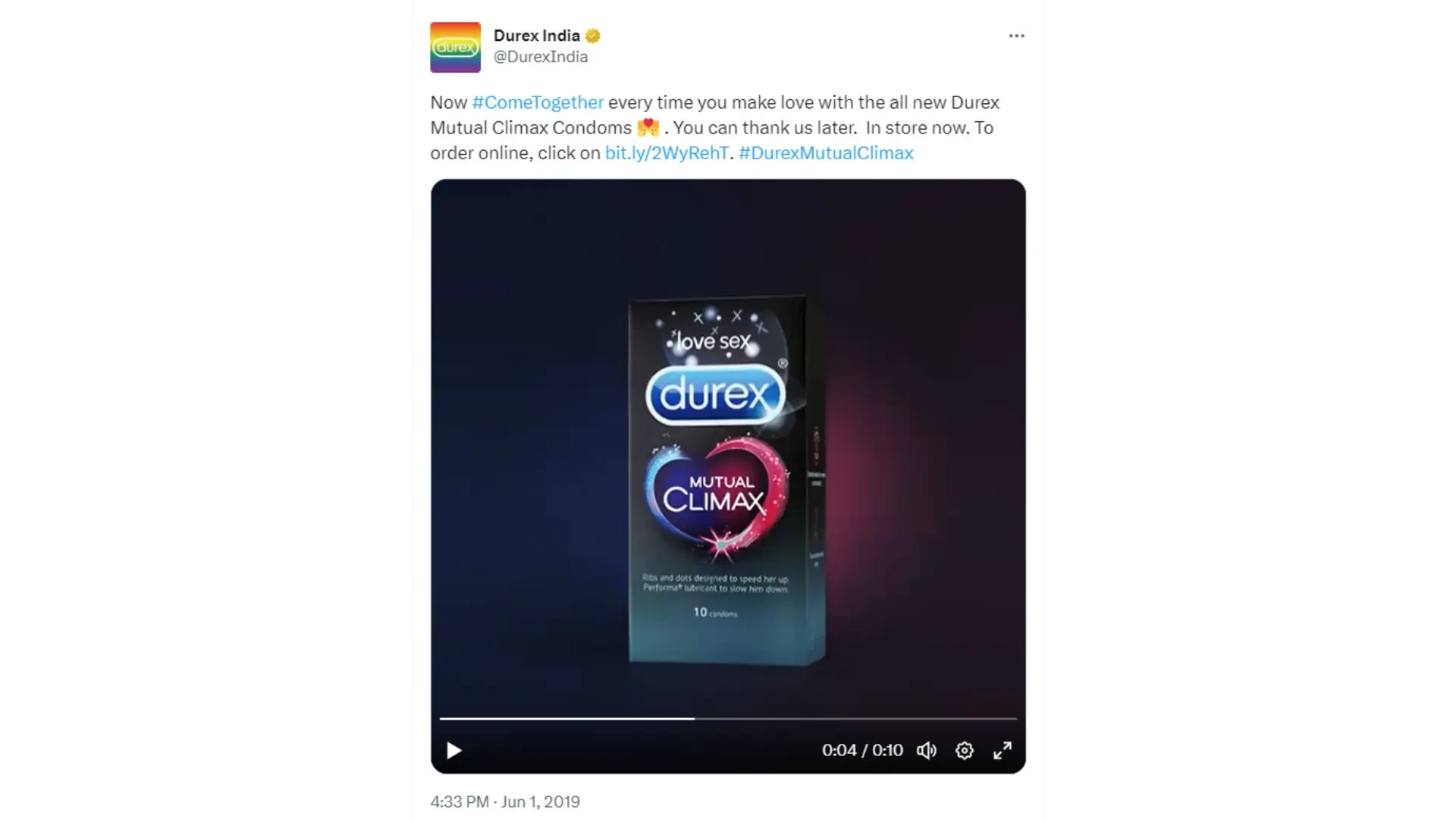 Durex Mutual Climax condom packaging with promotional text.