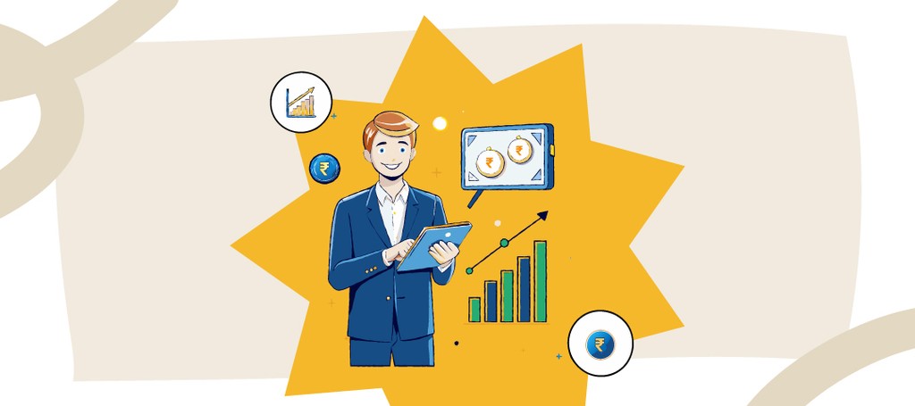 Kraftshala: Man with tablet, graphs, and currency symbols.