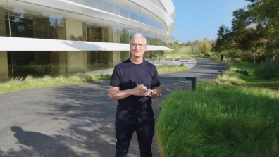 Tim Cook at Apple HQ during Spring 2021 event.