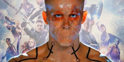 Marvel character with sealed mouth and Avengers in background.