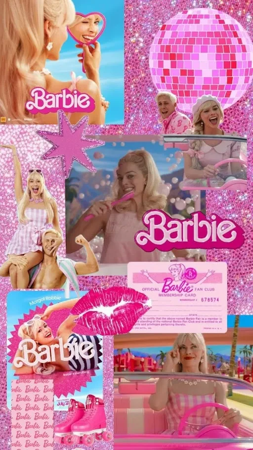Barbie-themed collage with pink glitter and brand logo.