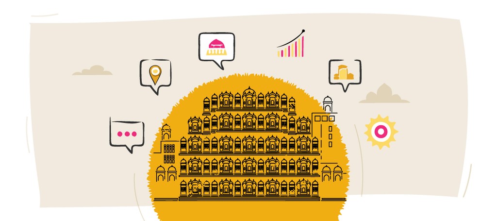 Illustration of Jaipur landmarks with Kraftshala icons.