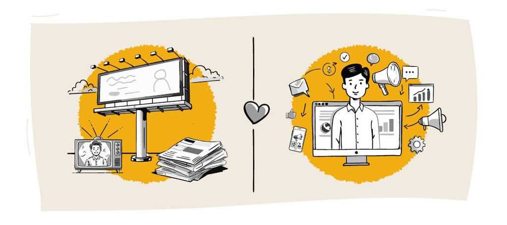 Kraftshala marketing: traditional vs. digital illustration.