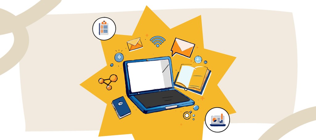 Kraftshala laptop with icons of email, book, and Wi-Fi.